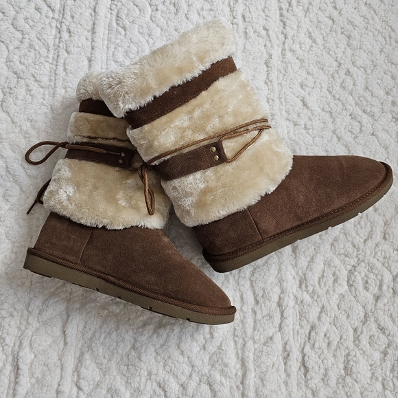 Natural Reflections Bernie Suede Shearling Tan Wrap Around Detail Cozy Boots - Picture 11 of 11